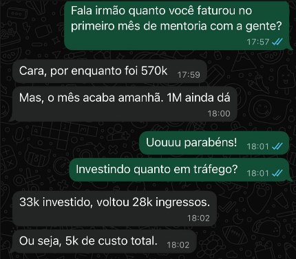 Print de resultado de mentorado: R$ 570 mil no primeiro mês de mentoria, com R$ 5 mil de custo