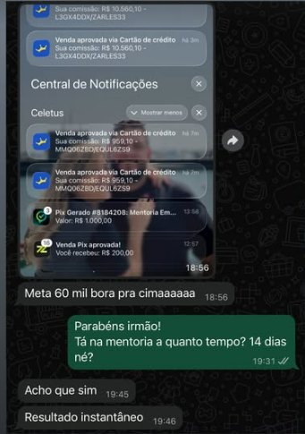 Print de resultado de mentorado: R$ 60 mil em 14 dias de mentoria