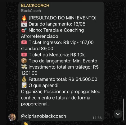Print de resultado de mentorado: R$ 64.500 num mini evento, com R$ 1.201 em anúncio